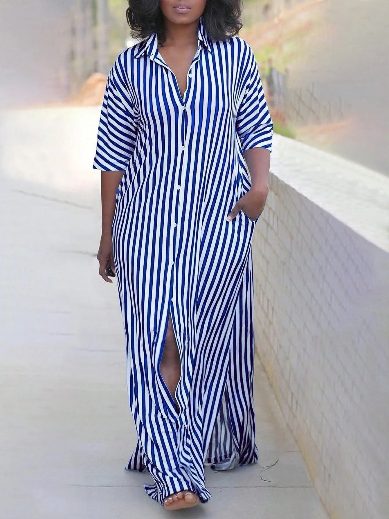 

Plus Size Women Striped Shirt Dress With Front Slit