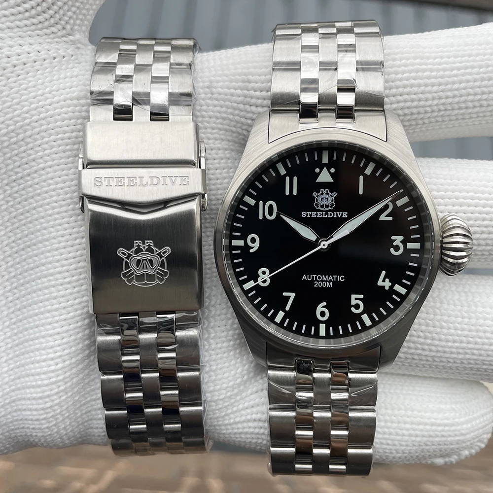 

STEELDIVE Мужские часы-пилот Спортивные 43 мм Автоматические часы Механические наручные часы для дайвера 200 м Водонепроницаемые BGW-9 Светящийся сапфир NH35