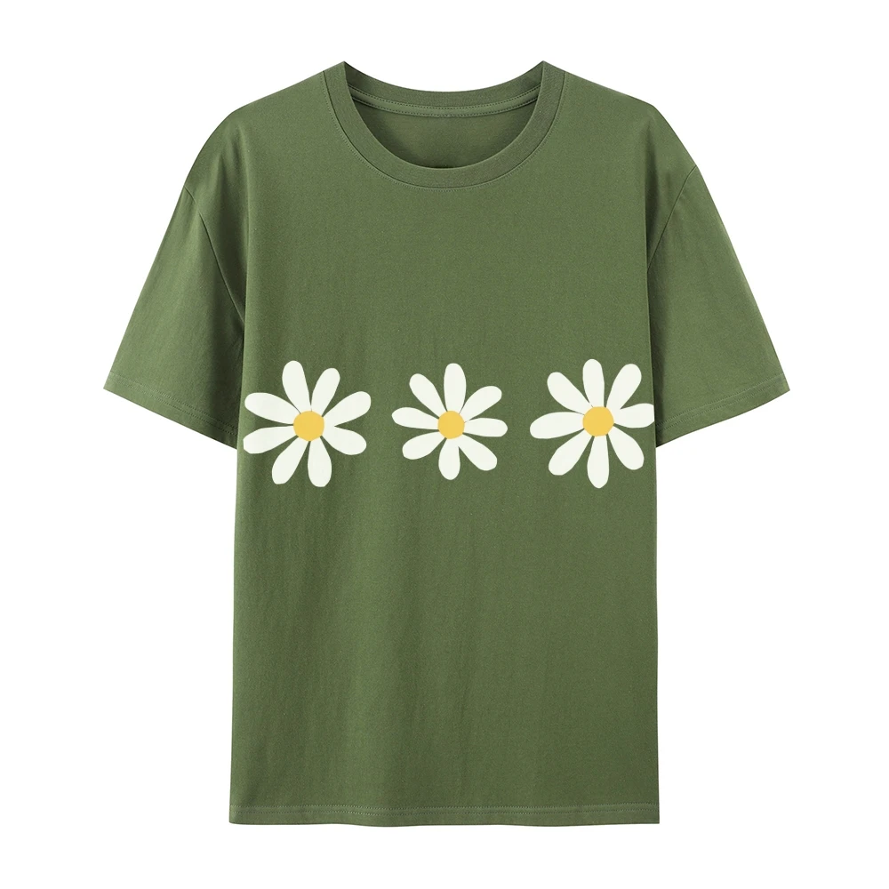 تي شيرت نسائي برقبة دائرية وأكمام قصيرة مع ثلاثة طبعات ديزي بيضاء، كاجوال وأنيق، بلوزة مريحة من مزيج القطن