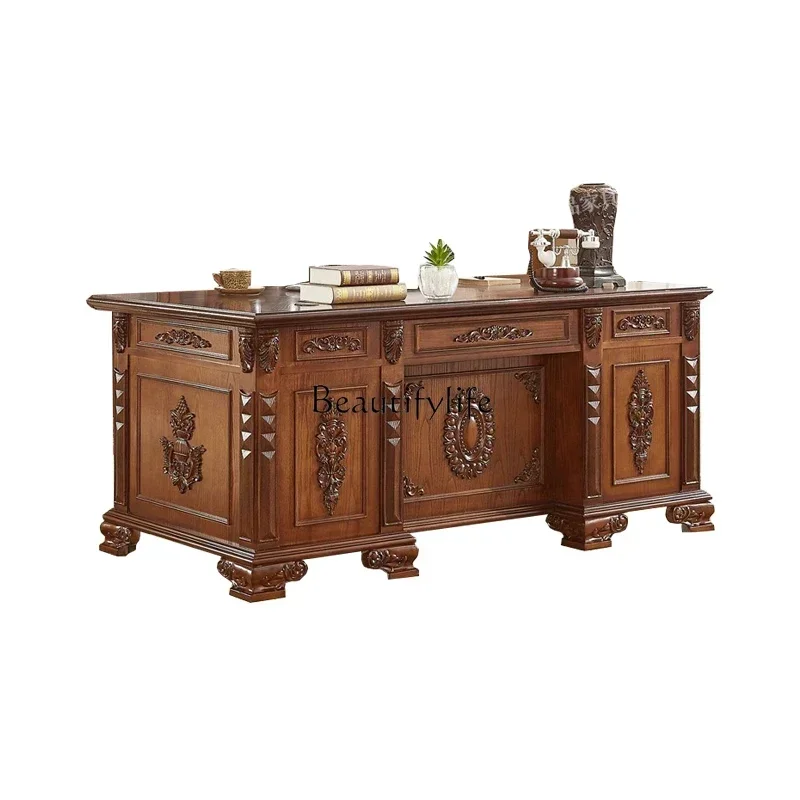 35LAmerican all-solid wood desk home European desk retro engraving