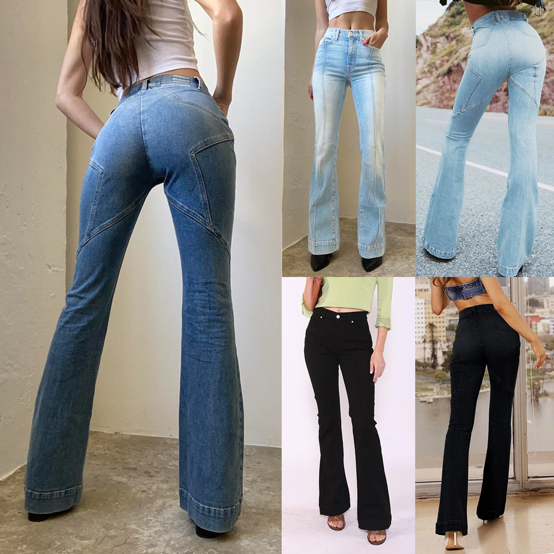 

Streetwear Women Sewing Mid Rise Jeans Fashion Casual Star Decor Flare Leg Denim Pants with Pockets for All Season