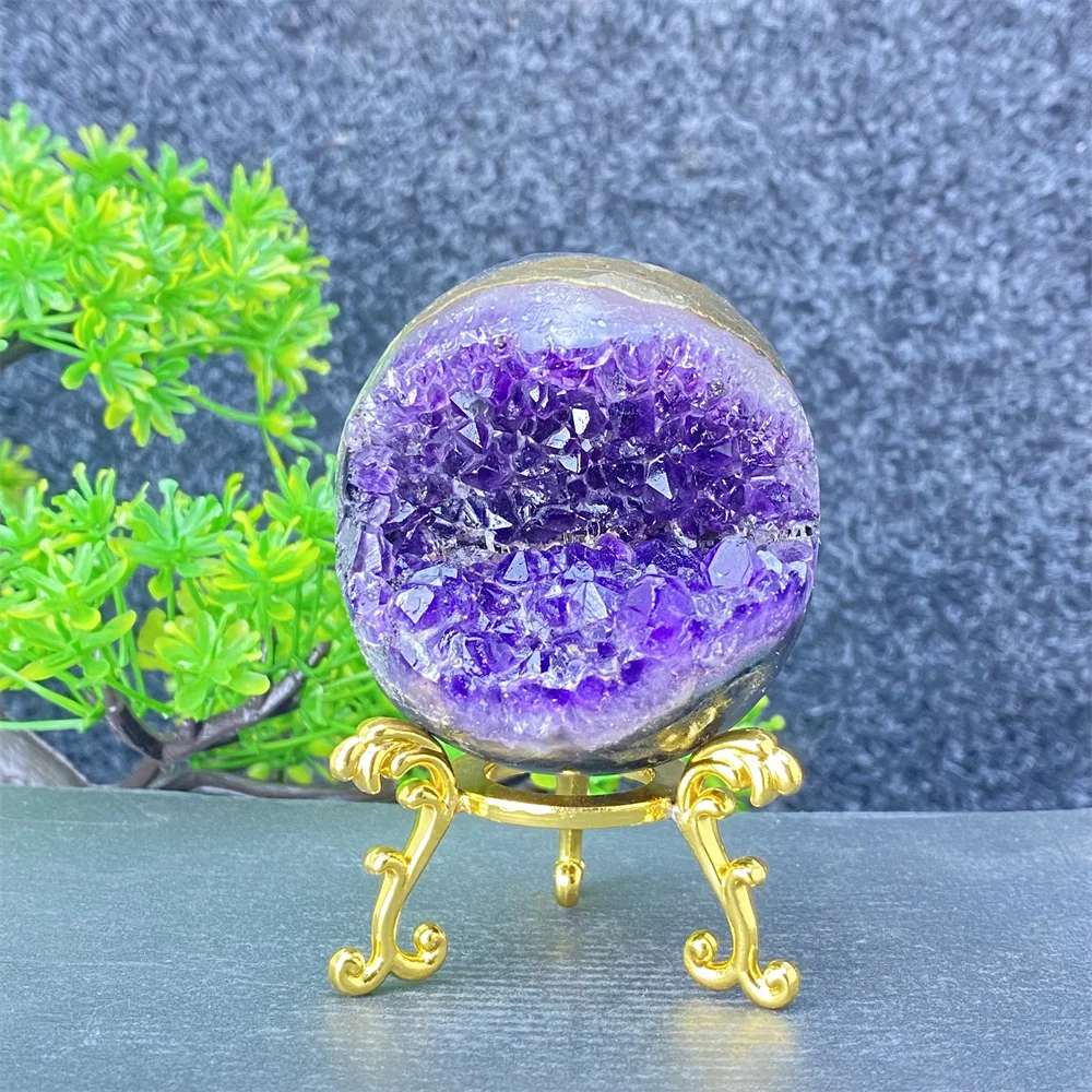 Natural mineral amethyst geode smiles, Feng Shui, fortune, divination crystal ornaments, home decoration + base