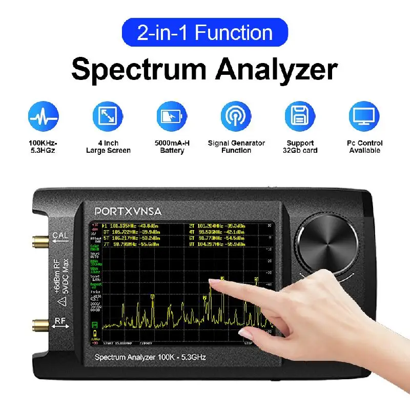 4 inch IPS LCD SA5 multifunctionele handheld spectrumanalysator 100k-5,3GHz 2-in-1 signaalgenerator Ingebouwde 5000mAh-link naar pc