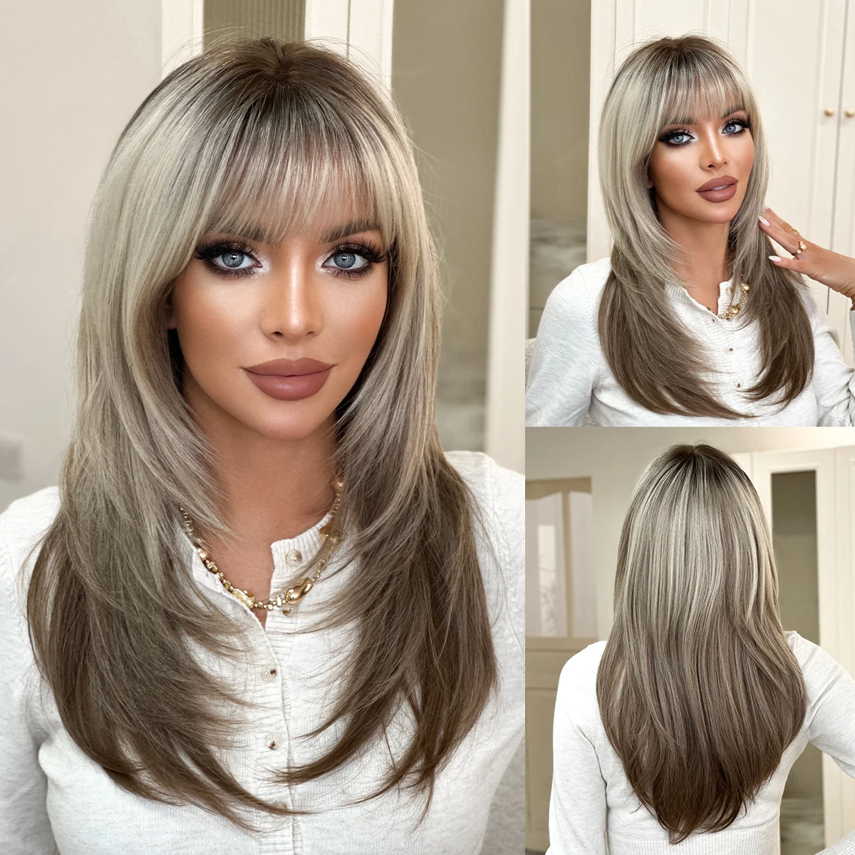 NAMM Synthetic Loose Straight  Ash Wig for Women Daily Party High Density Dark Roots Natural Middle Part Layered Ash Hair Wigs