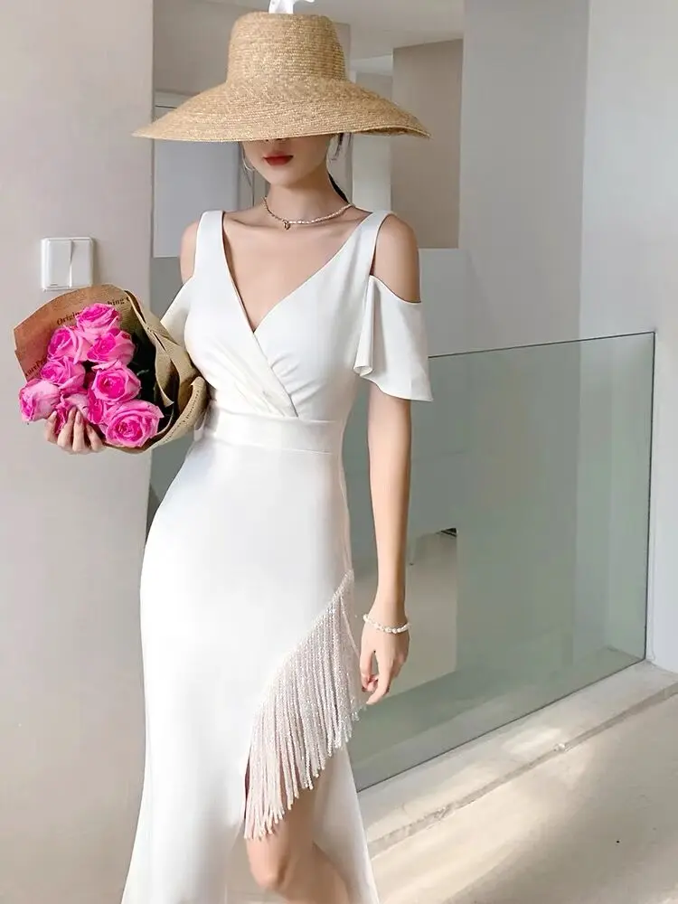 

Summer Women Off Shoulder Dress Sexy Strapless Tassel Night Club Celebrity Bodycon Vestido Bodycon Short Sleeve Party Dress