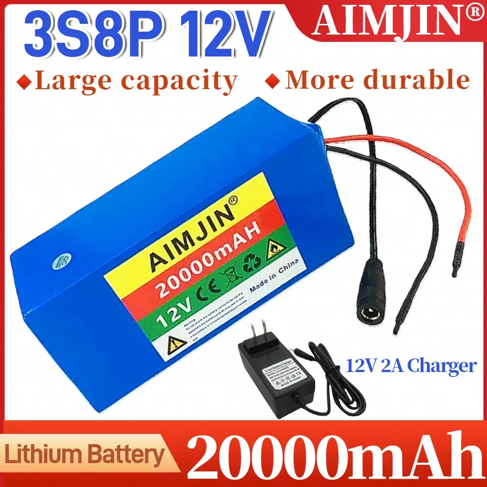 3S8P Battery Pack Large Capacity 12V 20Ah 18650 Lithium Battery Protection Board For Inverter Miner Light+12.6V 2A Charger