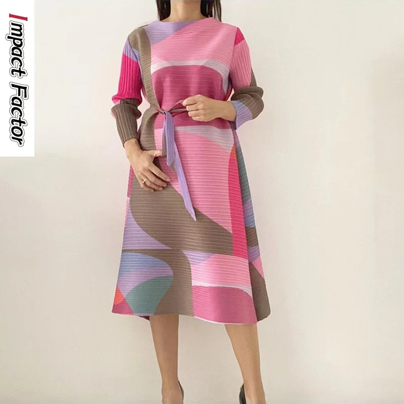 2024 Pleated Dress Women Hit Color Geometric With Belt Sashes Over Size Long Sweet Casual New Spring Fashion Tide Spot