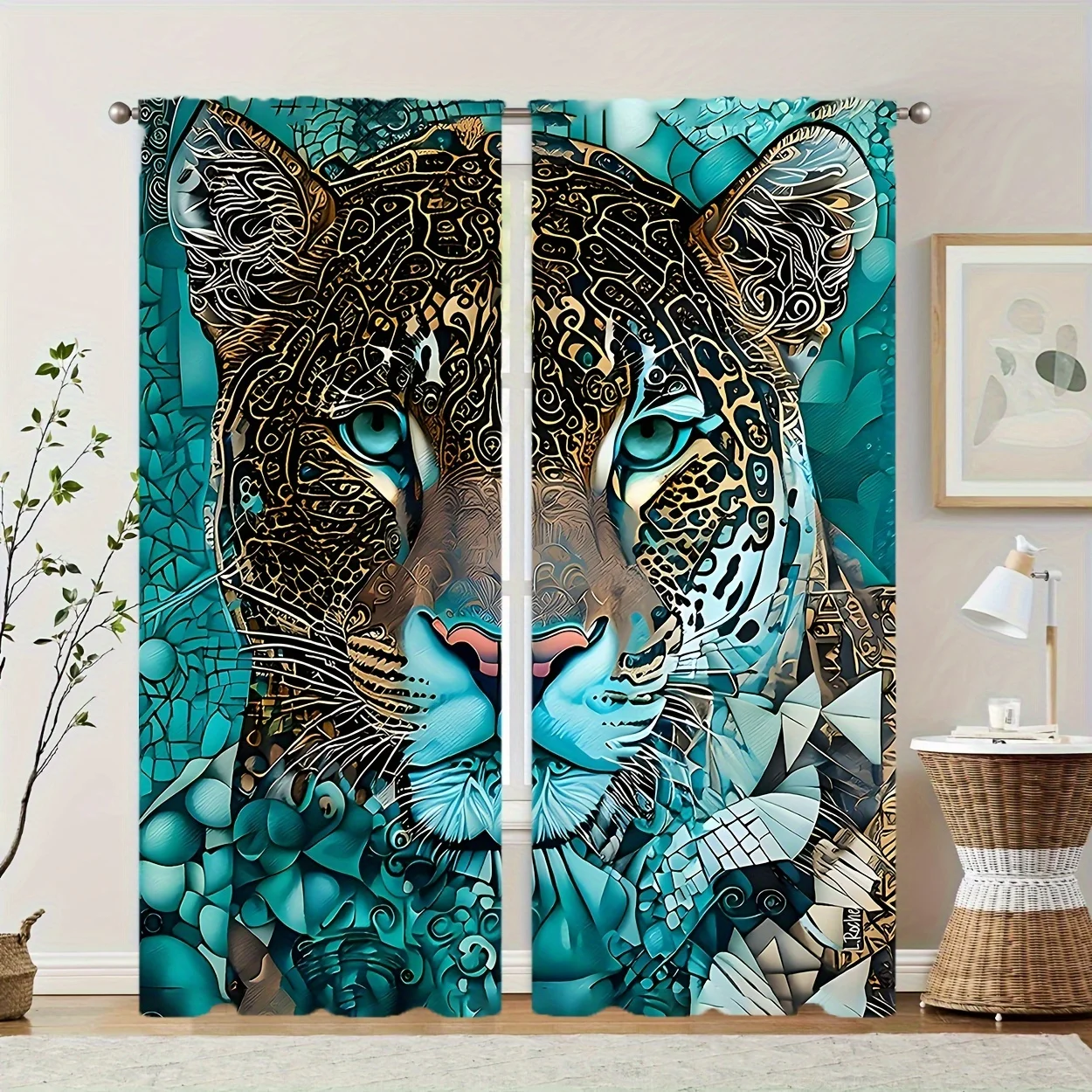artistic leopard face curtain with blue eyes and geometric pattern design for living room privacy and decor bold tribal style