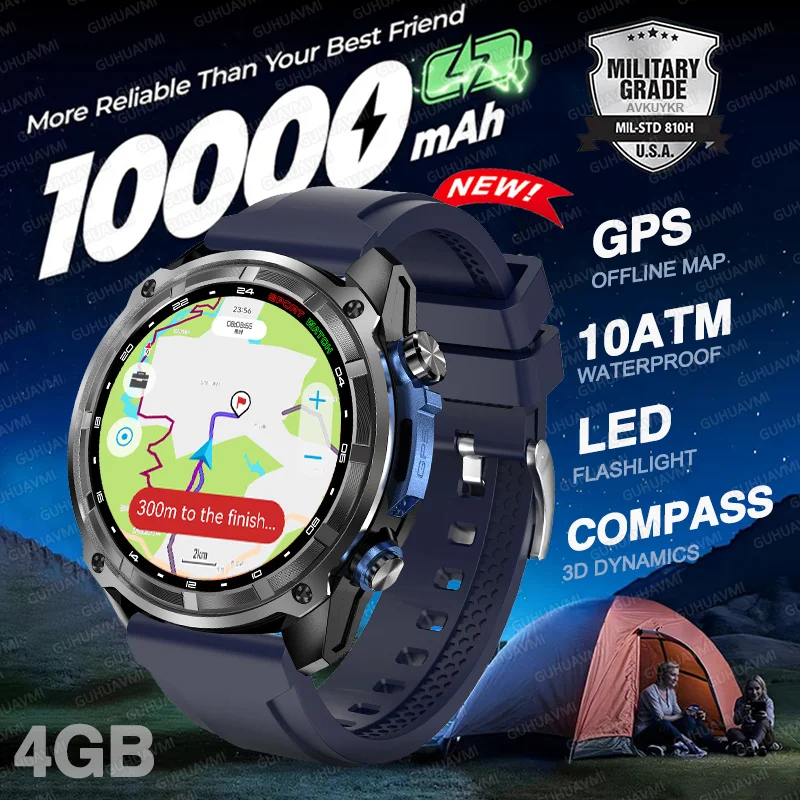 Montre GPS pour hommes, nouvelle batterie 1000mAh t-rex 3, qualité militaire, 4 go de RAM, appel vidéo, étanche, 200 + montres de natation de sport, 2025