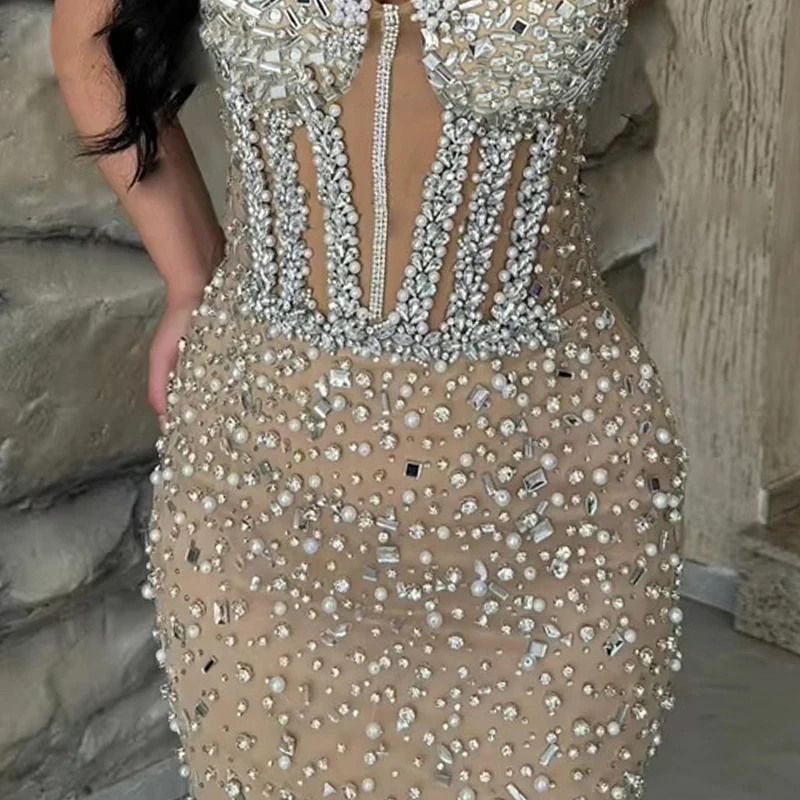 럭셔리 크리스탈 인어 이브닝 가운 여성 딥 브이넥 민소매 댄스 파티 드레스 바닥 길이 바디 컨 정장 가운 파티 드레스