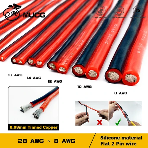 Cable de 2 pines, cable de silicona doble negro y rojo, cables eléctricos aislados muy suaves 22awg 20awg 18awg 16awg 14awg 12awg 10awg 8awg