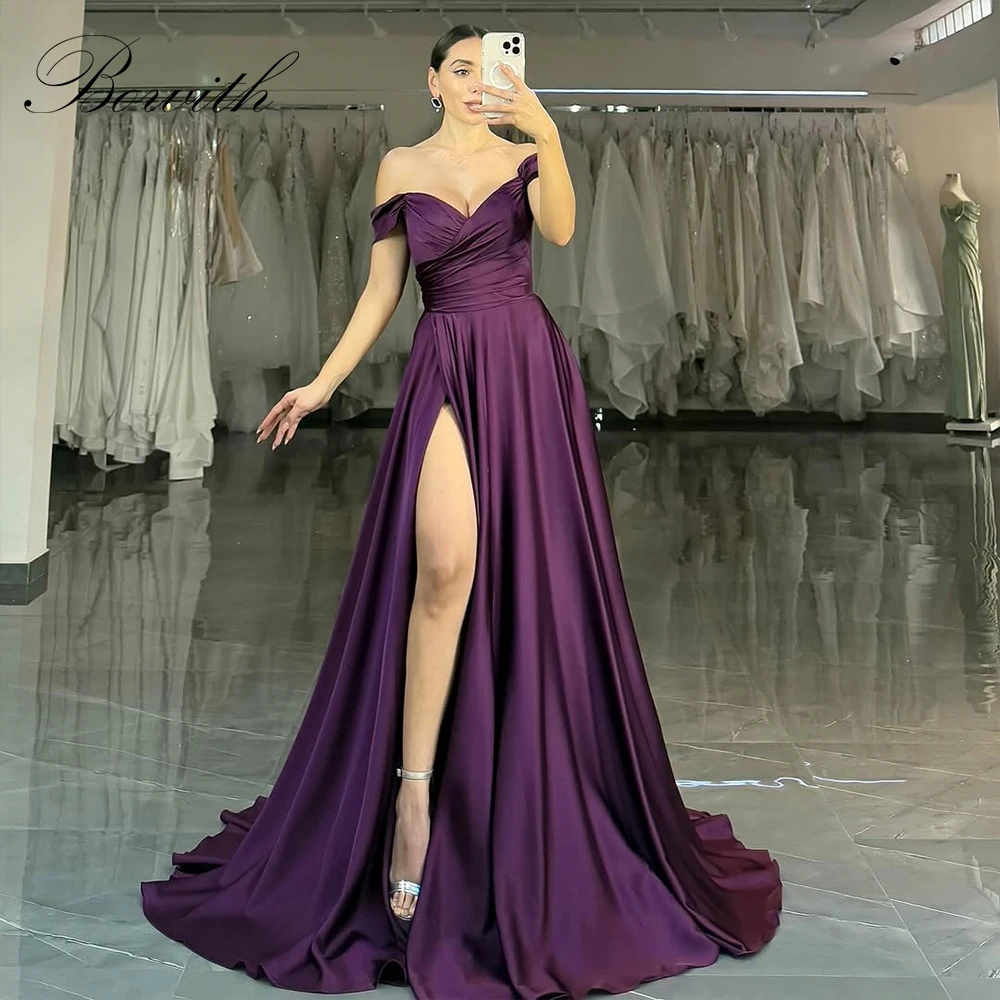 

Bowith Deep Purple Evening Dresses 2025 Elegant Off the Shoulder Customized Long Prom Gown A-Line Side High Slit Party Dresses