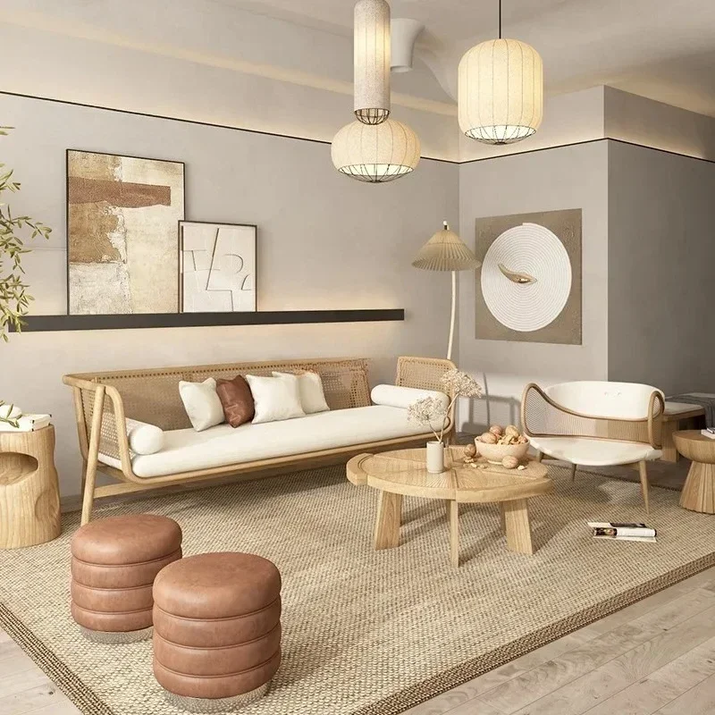 A Bed and breakfast sofa combination solid wood rattan sofa Japanese three-person sofa rattan chair