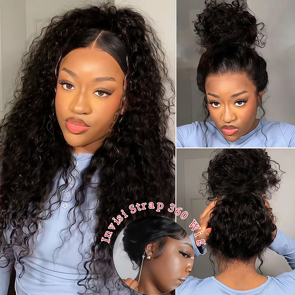 Hidden Strap 360 Full Lace Front Wig Human Hair 250 Density Water Wave Glueless Wigs Upgrade Invisible Drawstring Cap For Woman