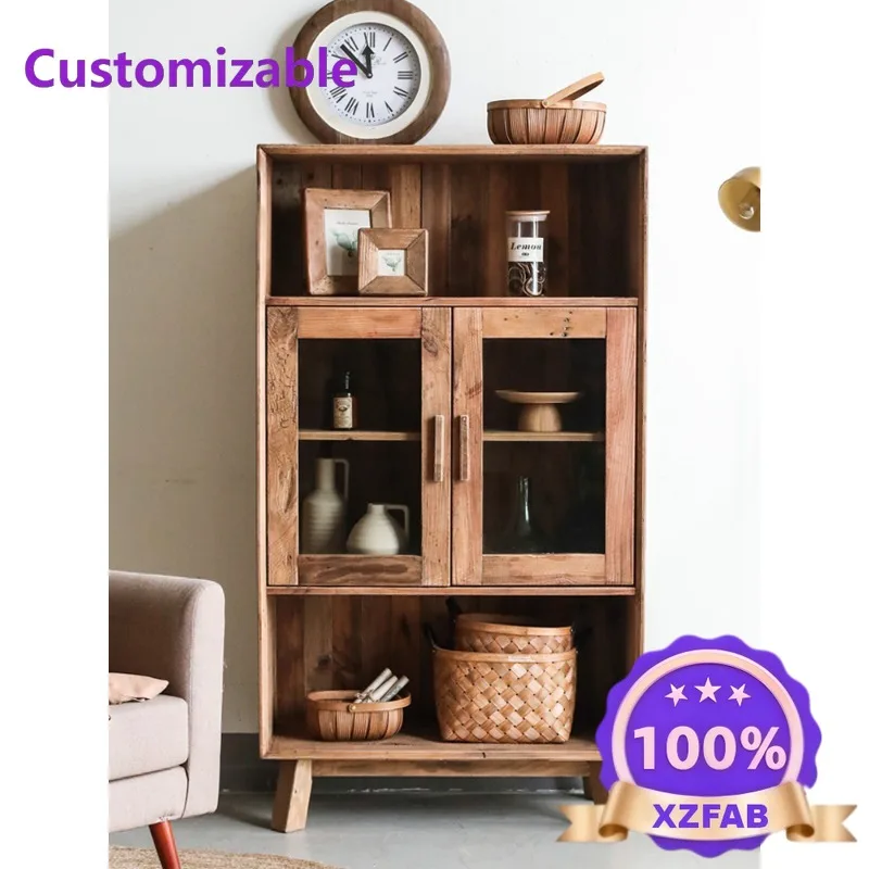 Factory Direct 2026 Literary double-door glass cabinet, living room locker, retro and old against the wall