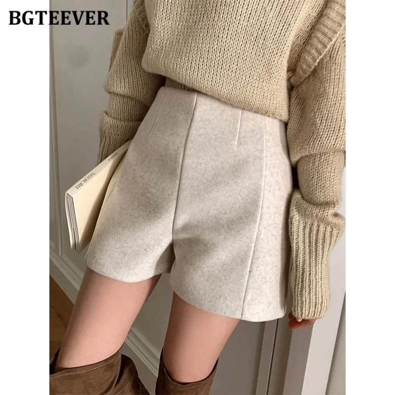 BGTEEVER Autumn Winter Wide Leg Shorts for Women Casual Ladies Woolen Shorts