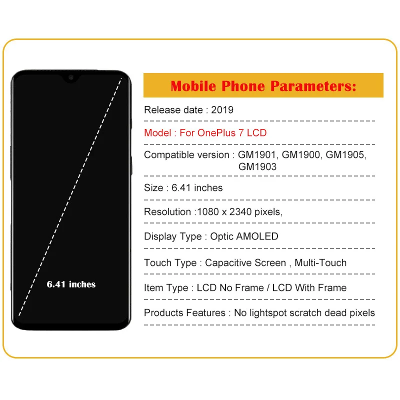 one plus 6T LCD Screen For One Plus 7 Display GM1901 GM1900 Touch Screen Digitizer For 1+7/6T Screen Replacement LCD 6.41 inches