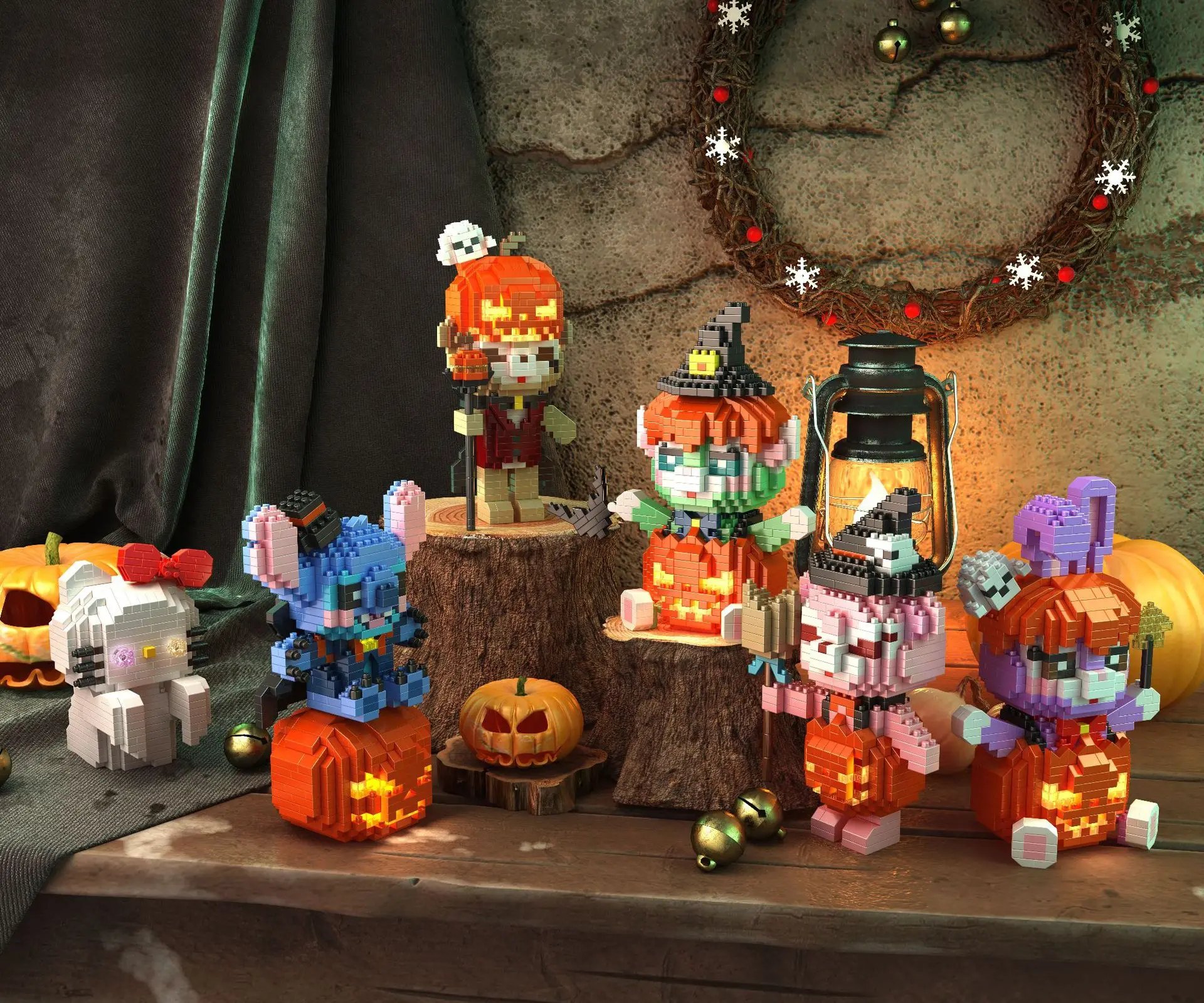 재미있는 할로윈 스티치 블록 조커 미니 피규어 호박 유령 키티 더피 코스 데스 조립 장난감 홈 장식용