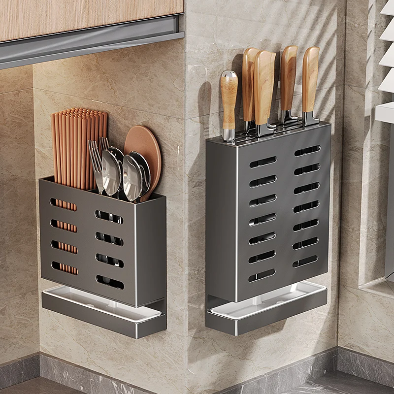 Wall-Mounted Kitchen Knife Holder Integrated Chopsticks Tube Storage Rack No-Punching Required Aluminum Anti-Mold Blade Stand