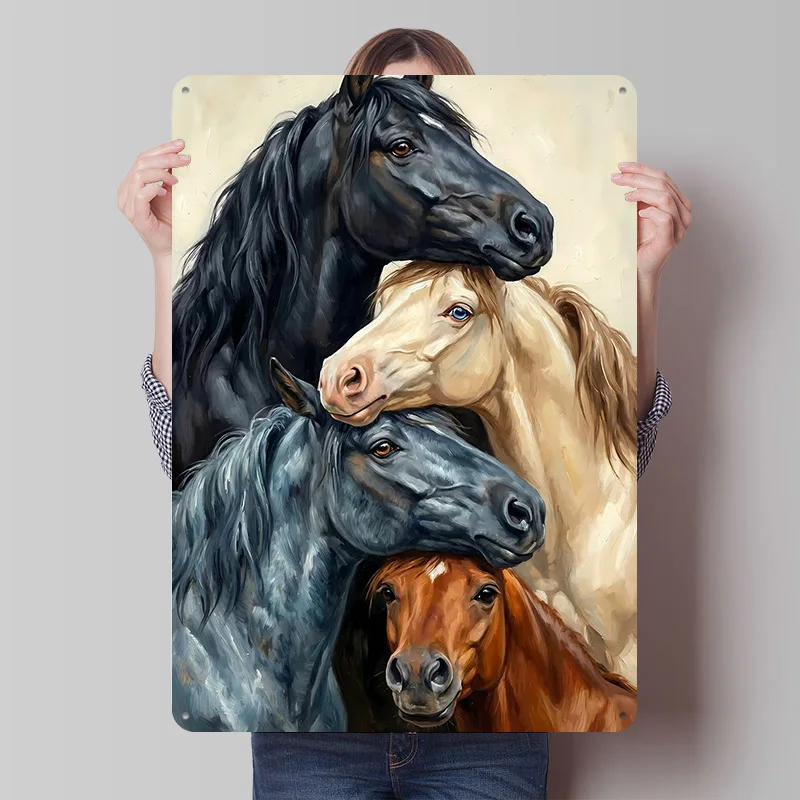 Stacked Horses Portrait Metal Poster Custom Wall Art Retro Vintage Tinplate Signs for Man Cave Garage Decoration Room Coffee Bar