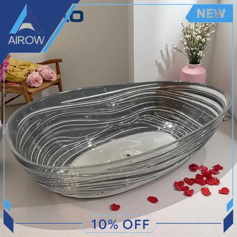 for Luxury Clear Pink Resin Bathtub Freestanding Solid Surface Stone Tub Transparent Modern Bathroom Soaking Bath for Home