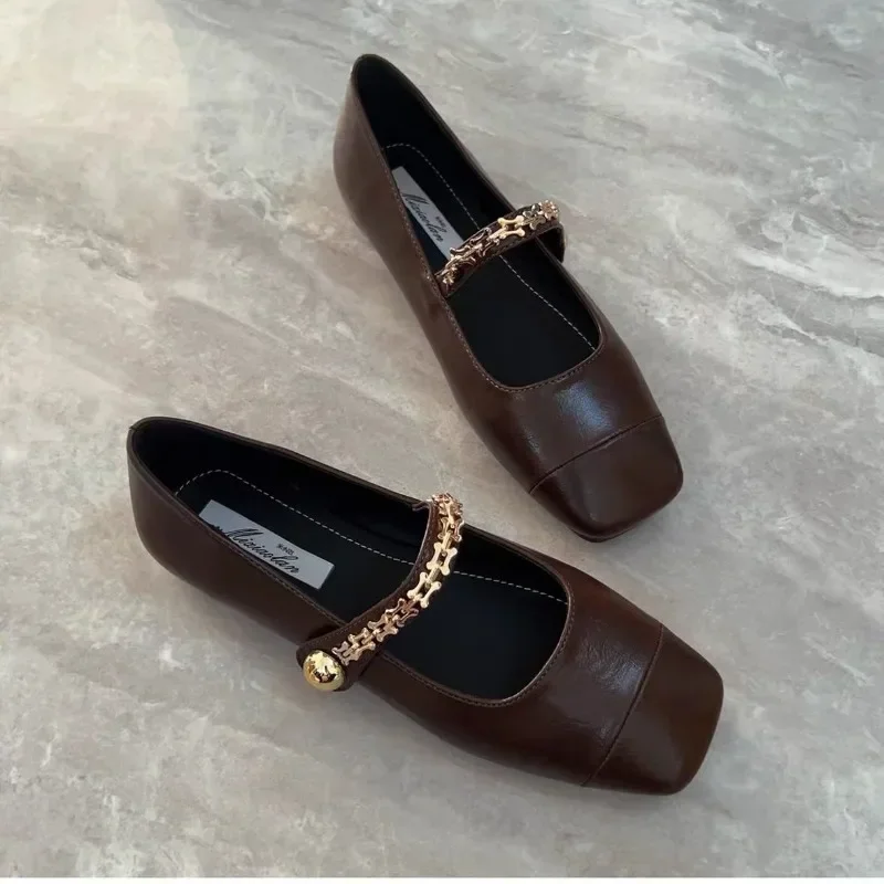 Spring Brown Single Shoes Simple Style New Flat French Beautiful Elegant Women Square Head  Women's Shoes