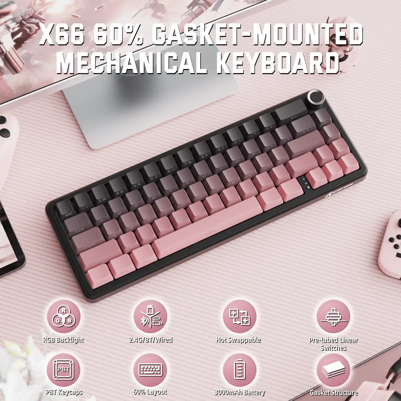 

Беспроводная механическая клавиатура ATTACK SHARK X66 | 66-клавишная клавиатура Gasket Tri-Mode с RGB-подсветкой, возможностью горячей замены, аккумулятором 3000 мАч и регулятором CNC для ПК/Mac