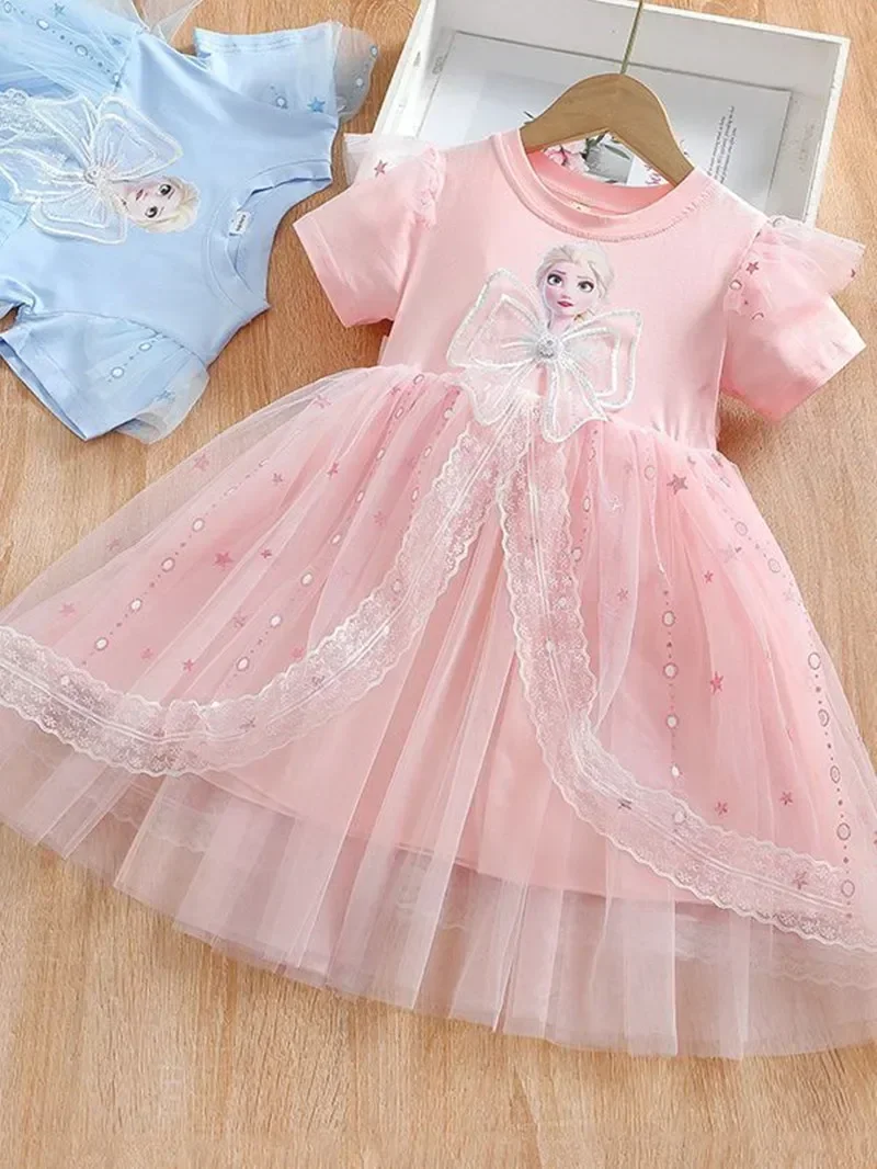 ديزني فتاة طفل قصيرة الأكمام منتفخ الشاش تنورة إلسا فتاة المجمدة الأميرة تنورة تي شيرت ميكي ماوس فستان صيفي جديد