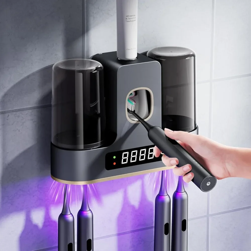 

Toothbrush Holders for Bathrooms with Air-Drying, Toothbrush Sanitizer Holder with Smart Countdown LED Screen, 2 Cups Electric