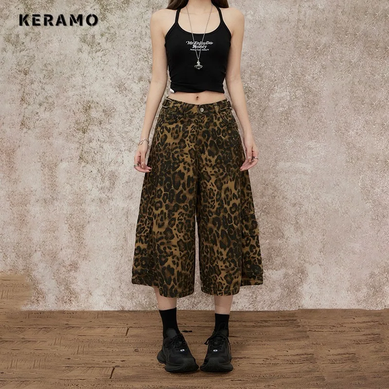 

American Vintage Aesthetic Style Harajuku Jeans Y2K Punk Leoaprd Print Street Baggy Denim Trouser Women Casual Calf Length Pants
