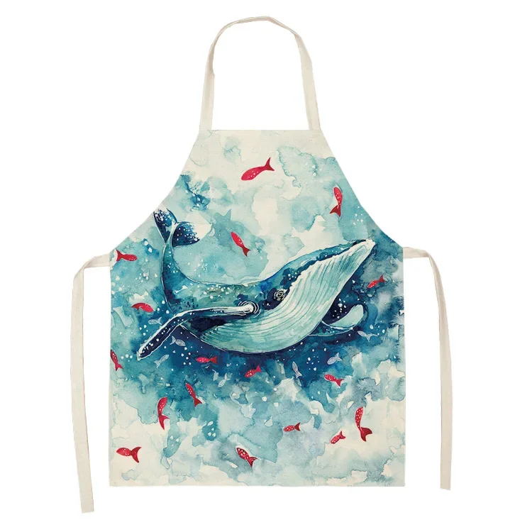 Marine Animal Whale Jellyfish Pattern Cleaning Apron Home Cooking Kitchen Apron Chef Clothes Cotton Linen Adult Bib Delantales