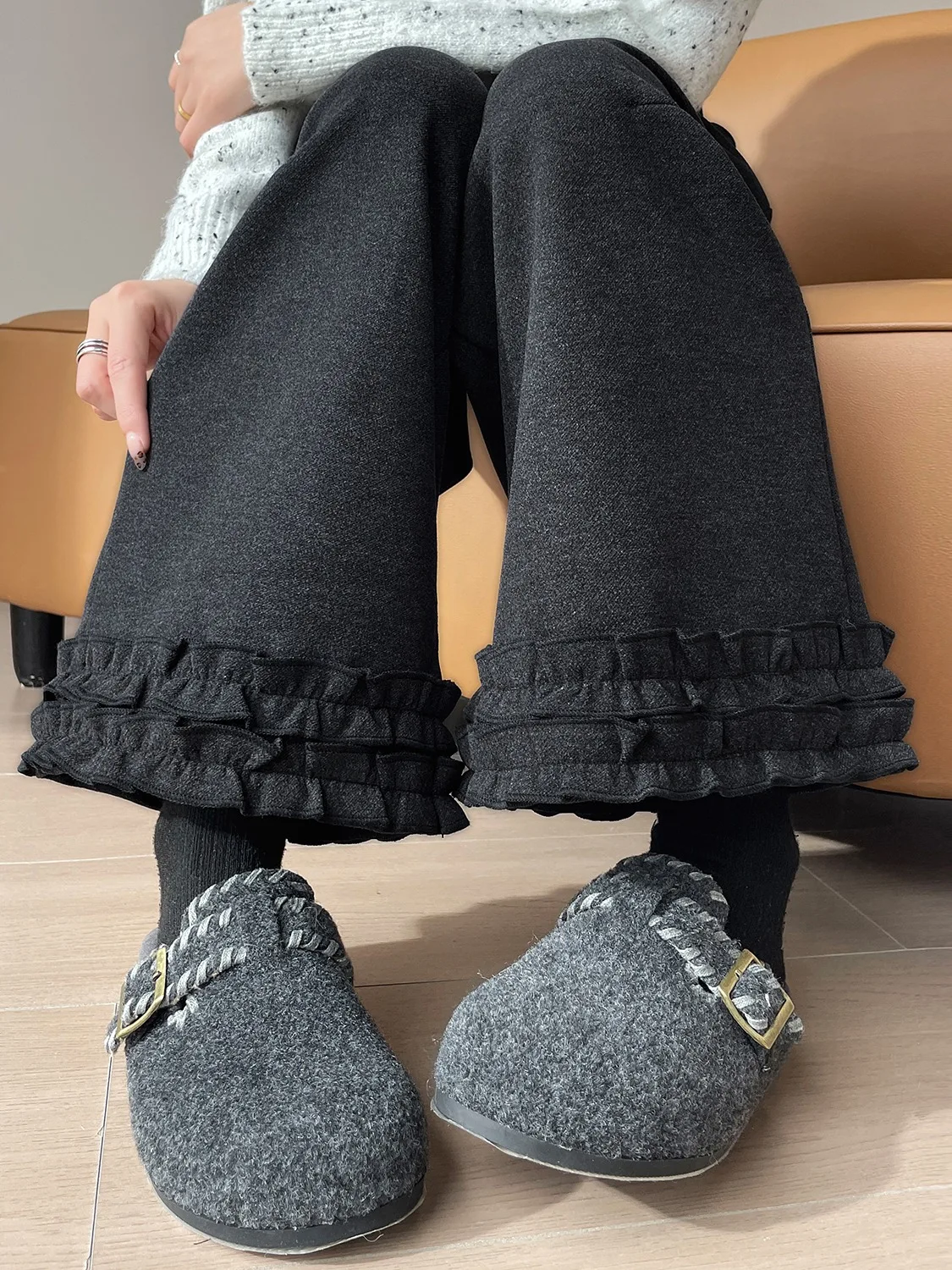 Thiened ey الصوفية متوهج السراويل النسائية الخريف الشتاء عالية الخصر التخسيس تسع نقاط رداء غير رسمية السراويل مع الأذن زهرة الدانتيل