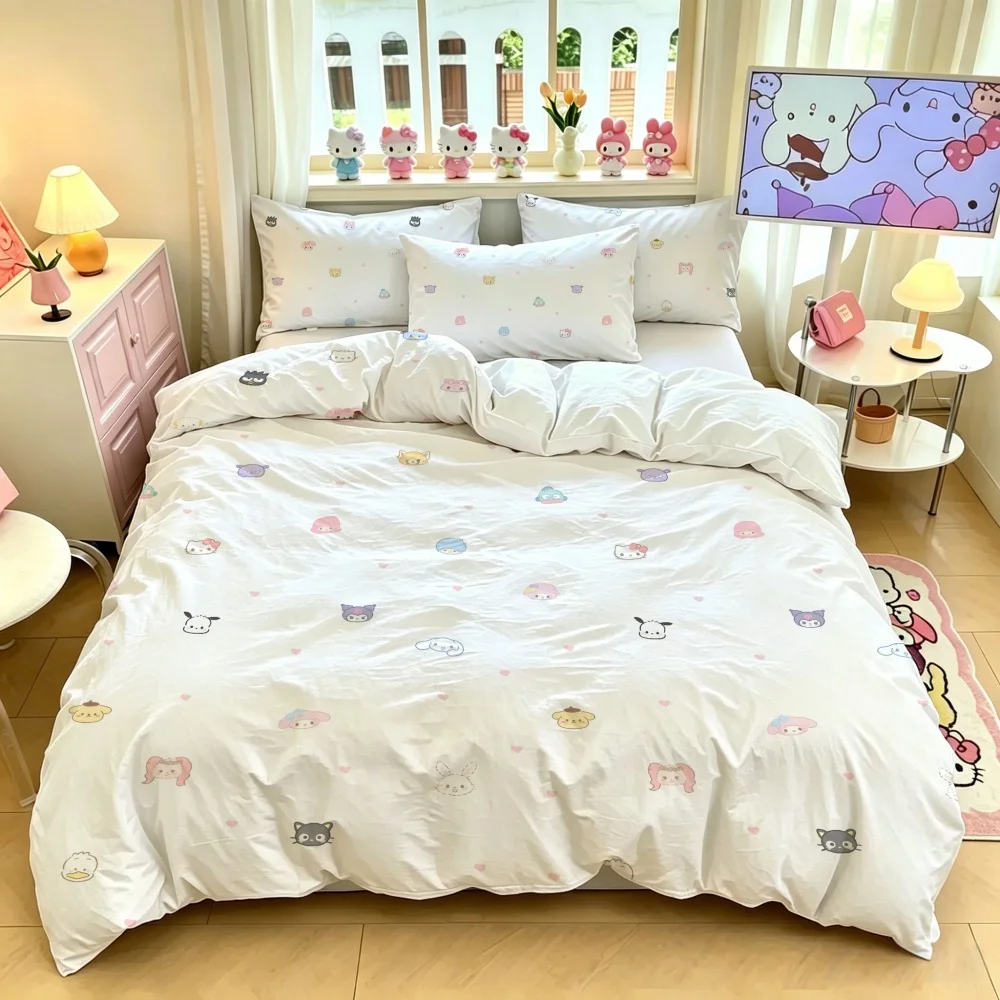 Sanrio Hello Kitty Cotton Bedding Set Double Size, Soft Duvet Cover with Pillowcase, Cute Cartoon Bed Linens for Girls Dorm Gift