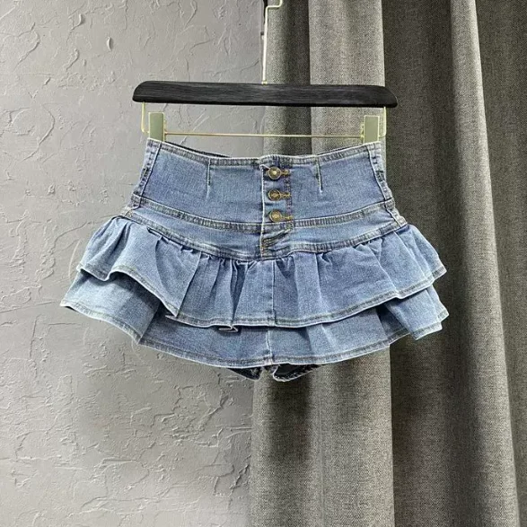High Waist Single-Breasted Ruffles Cake Denim Skirt for Woman, 2026 Fashion Sexy Cute Mini Skirts, Black Blue