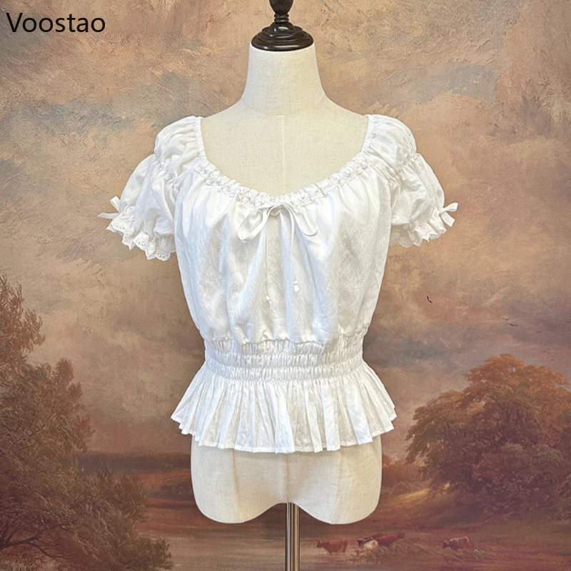 Vintage Sweet Lolita Blouses Women Cute Bow Lace Ruffles Puff Sleeve Slim Undershirt Girls Gothic Kawaii Shirt Crop Tops Summer