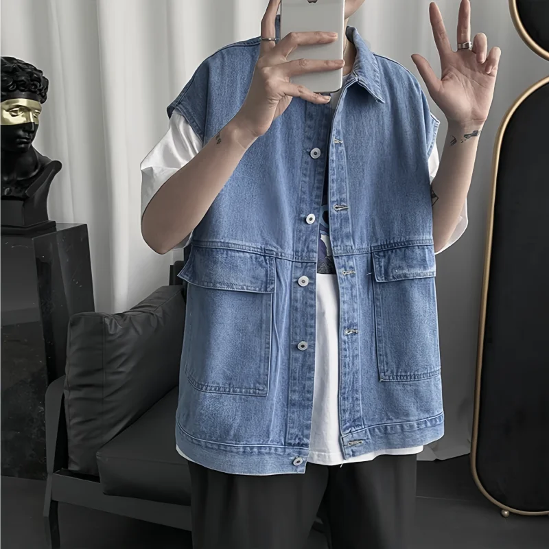 

Spring Autumn Men's Denim Waistcoat Hip Hop Fashion Vintage Sleeveless Cargo Vest Male Loose Versatile Handsome Camisole Coat