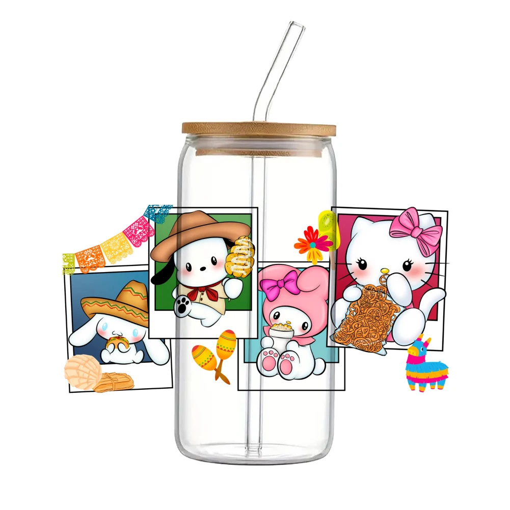 Cute pink Sanrio Hello Kitty For Libbey 16oz Can Glass 3D Waterproof UV DTF Coffee Can Wrap Libbey Glass Wrap