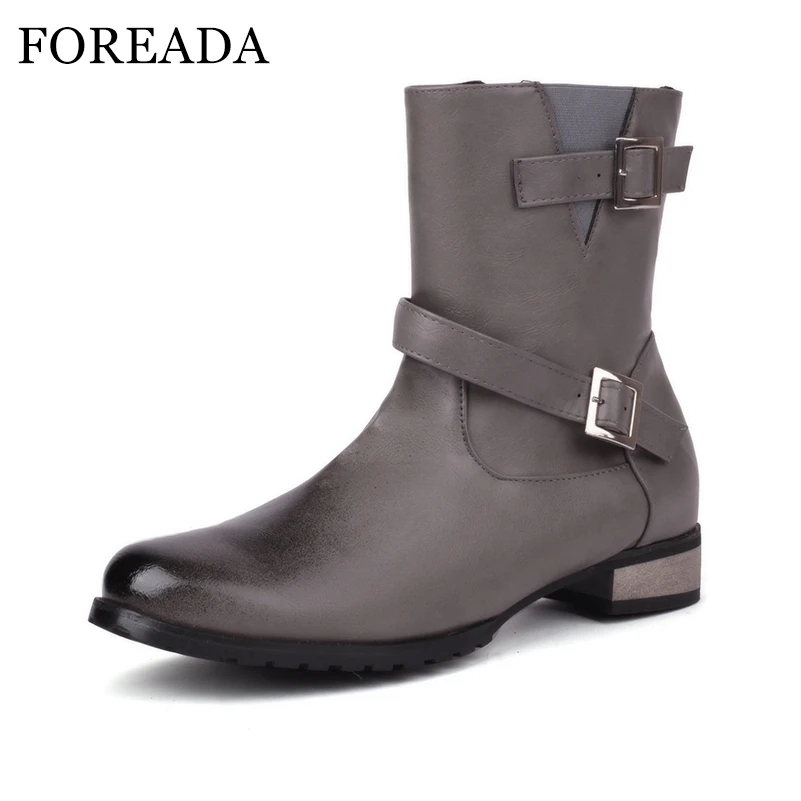 

FOREADA Women Ankle Boots Round Toe Chunky Low Heels Buckle Zipper Short Boots Ladies Fashion Shoes Autumn Winter Black Brown