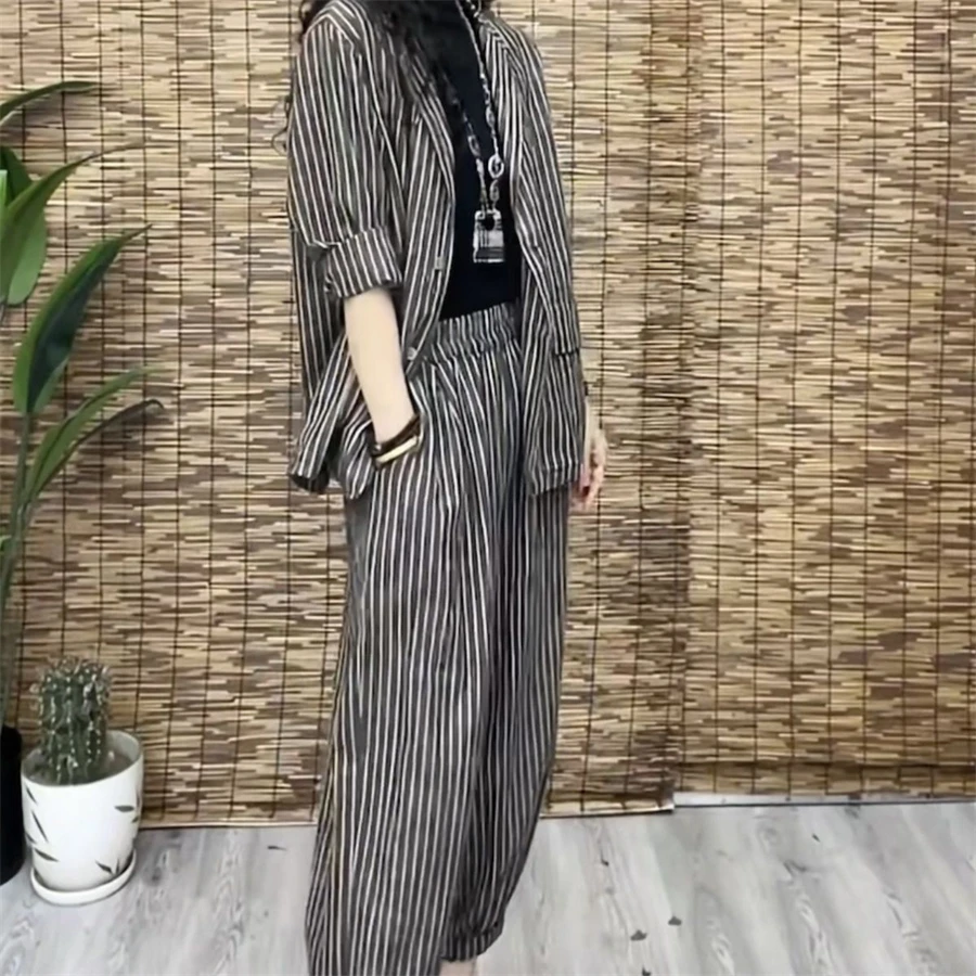 Vintage Striped Loose Tracksuits 2 Pieces Sets Oversize 4XL Suits Thin Unlined Blazer Shirts Capris Harem Pants Casual Outfits