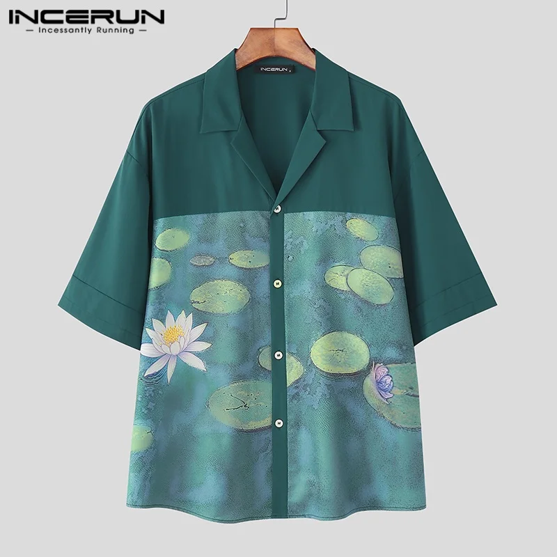 

INCERUN Мужская рубашка с принтом и лацканами, с коротким рукавом и пуговицами, свободная повседневная мужская одежда, летняя уличная одежда, модные мужские топы 2025, рубашки