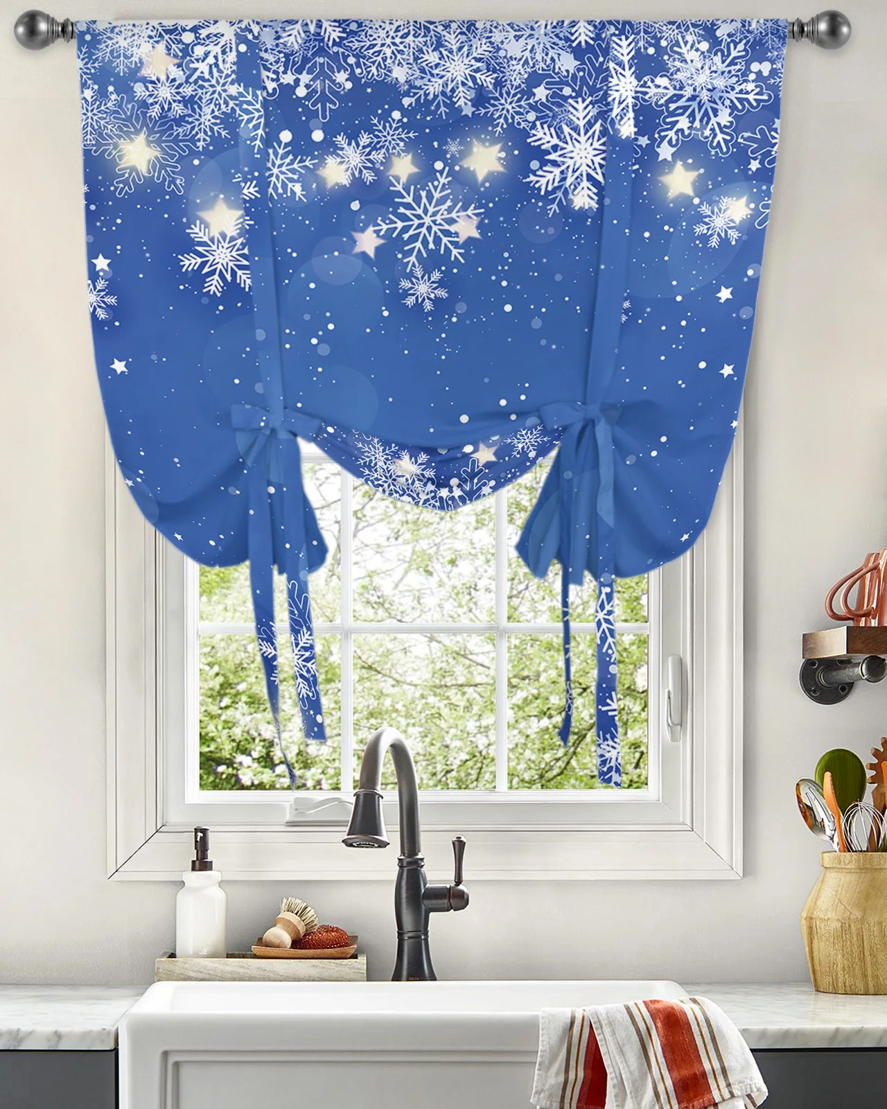 Christmas Snowflake Blue Short Balloon Curtain Tie Up Valance Home Room Kitchen Partition Decor Rod Pocket Window Curtain