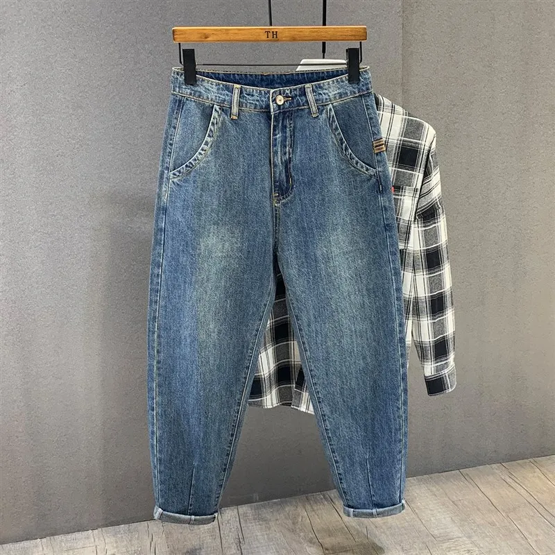 

Retro Waed Japanese Sle Men's Loose Casual Harlan Jeans Nine Points Summer Faionable Denim Pants Youth Skin Breathable