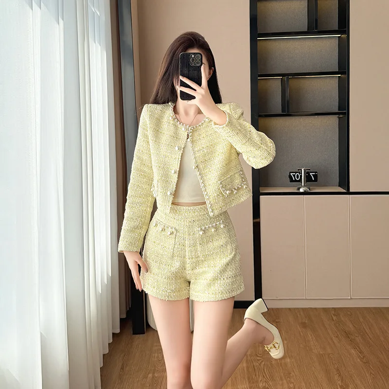Women's Yellow Pearl Woven 2-Piece Set Short Jacket And Shorts Autumn/Winter New Style Small Fragrance Temperament Ensemble