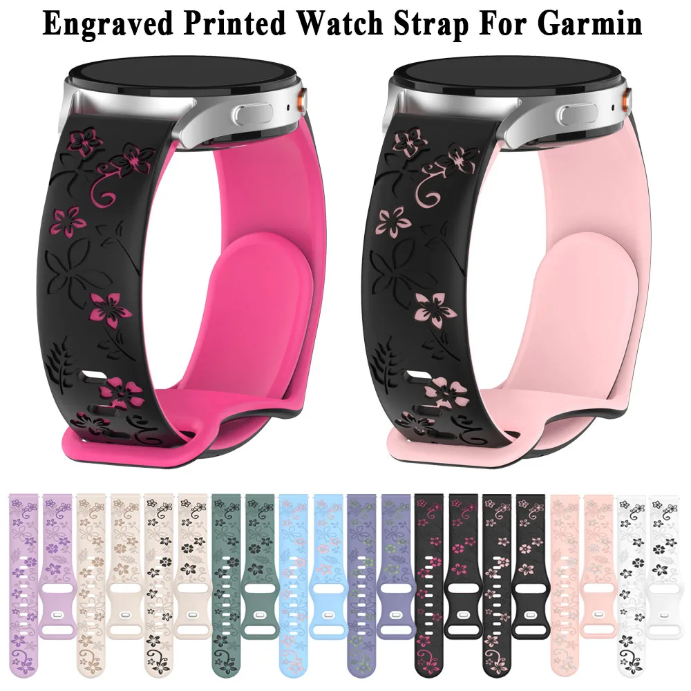 18mm 20mm Watch Band for Garmin Vivoactive 5 3 4S, Venu, Forerunner 165 55, Approach S42 S44 S50 Engraved Printed Silicone Strap