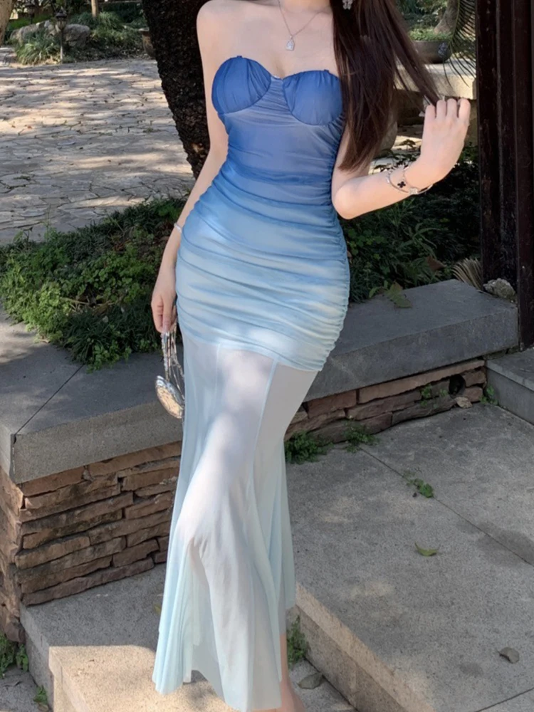 Sexy Gradient Blue Casual Vacation Style Dress for Women Socialite Sweet Strapless Sheer Mesh Fishtail Robe Party Club Vestidos