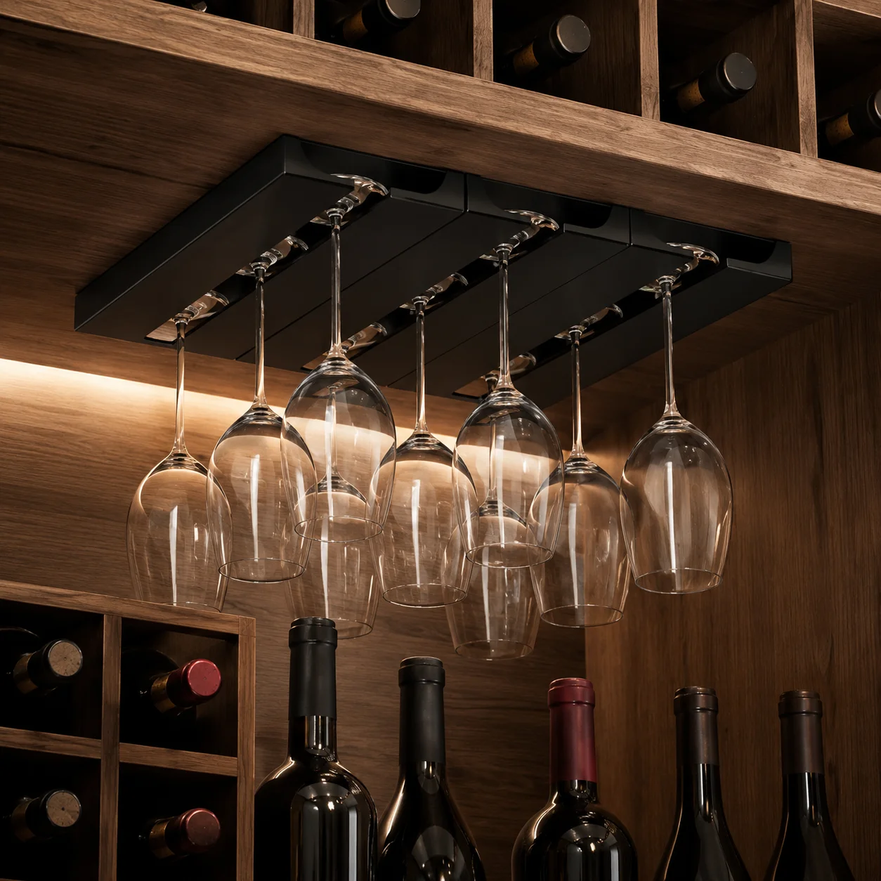 Under Cabinet Plastic Wine Glass Rack, Upside Down Stemware Holder, Space Saving Bar Kitchen Organizer, Black/White Available