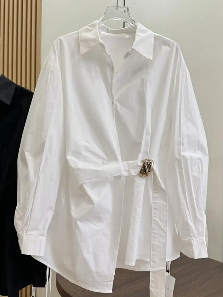

Loose Fit Metal Buckle Mid-Length Cotton Shirt Women's Casual Style Slimming Effect Long Sleeve Casual Shirt Autumn Fashion