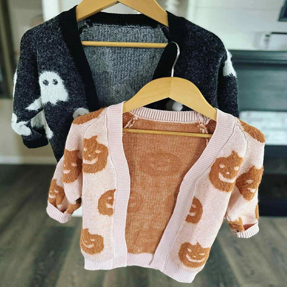 

Sibling Baby Girls Halloween Black Ghost Long Sleeve Cardigan Sweater Khaki Pumpkin Design Halloween Themed Girls Sweater