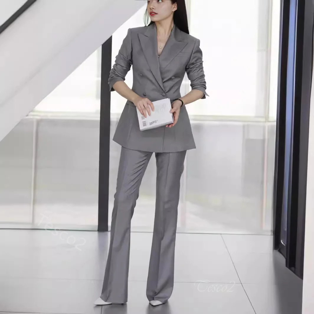 Tesco Business Casual Women\'s Suit Double Breasted Blazer And Pants Slim Fit Chic Pantsuit Grey Ceremony Outfits for Women 2 PCS