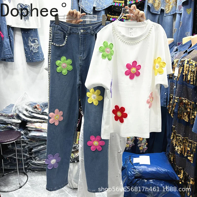 

Fashion Spring Summer Women Two-piece Set Beading Flowers O-neck Short Sleeve T-shirt Top + Blue Straight Jeans Female Suits